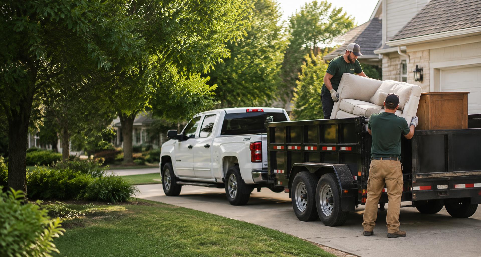 Two junk removal workers loading furniture into a trailer beside a pickup truck